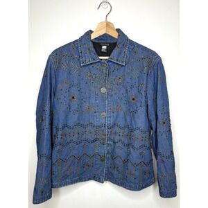 Vintage Denim Embroidered Beaded Jacket 1X Jean 3D Boho Western Floral Fairy Top
